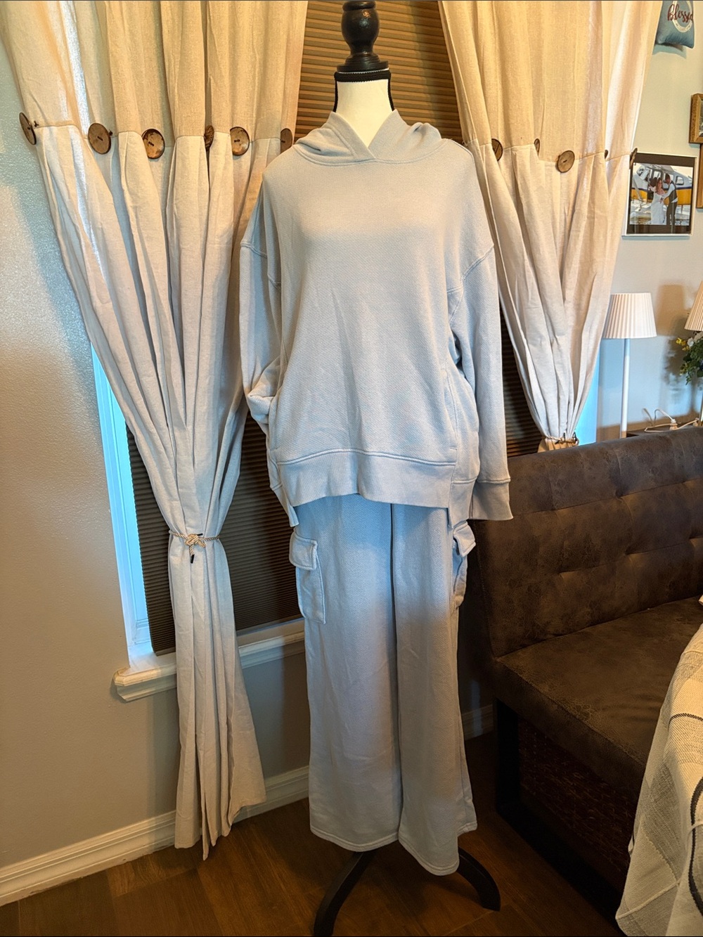 Casual baby blue Hoodie & Wide-Leg Cargo cotton lounge Set, oversized